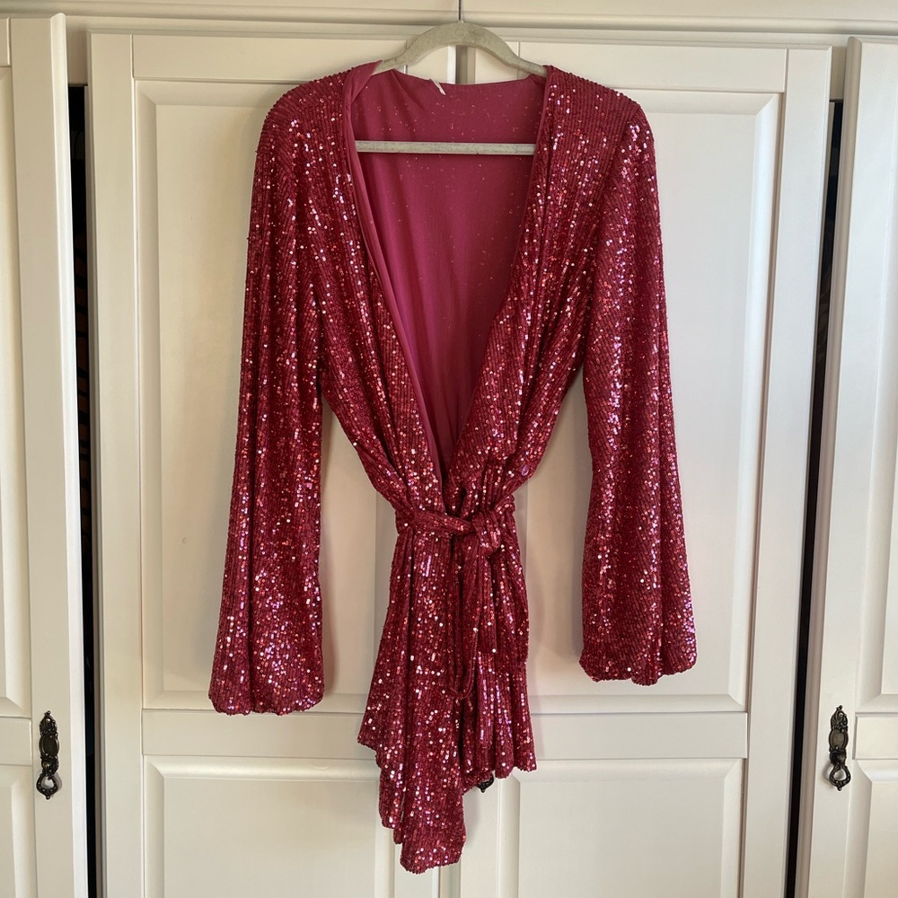 Free People Christa sequin romper wrap pink long bell sleeve magenta size L